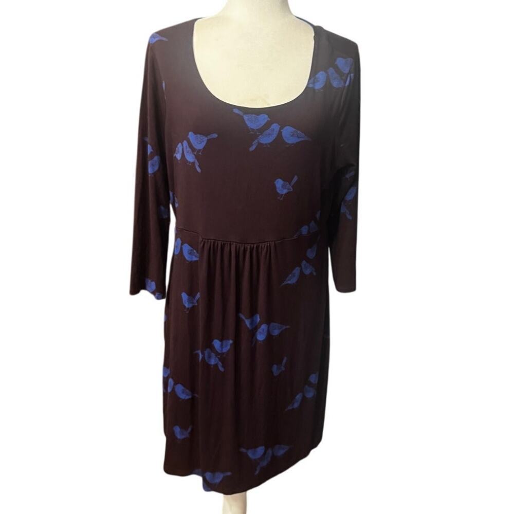 Boden Bird Print Jersey Dress Fit & Flare Blue Burgundy Estimated Large
